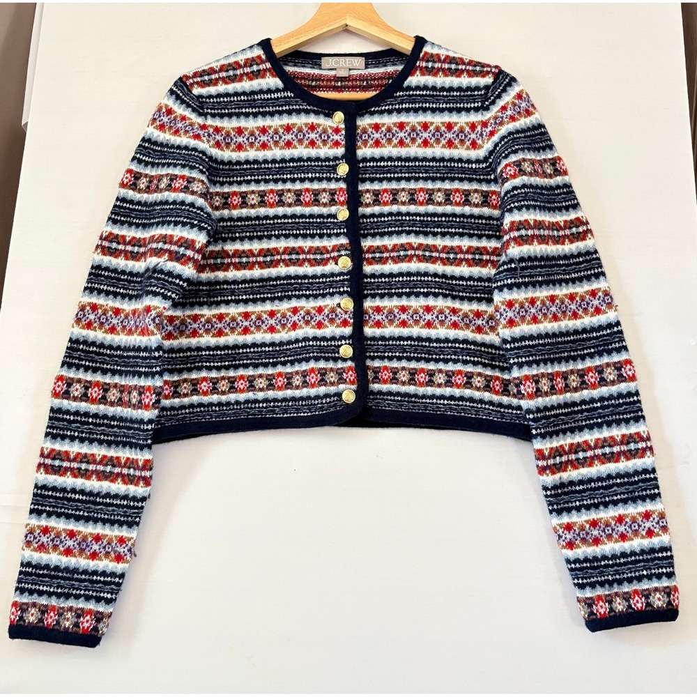 J.Crew Women Fair Isle Cardigan Sweater Gold Crest Button Cropped Navy Red Small